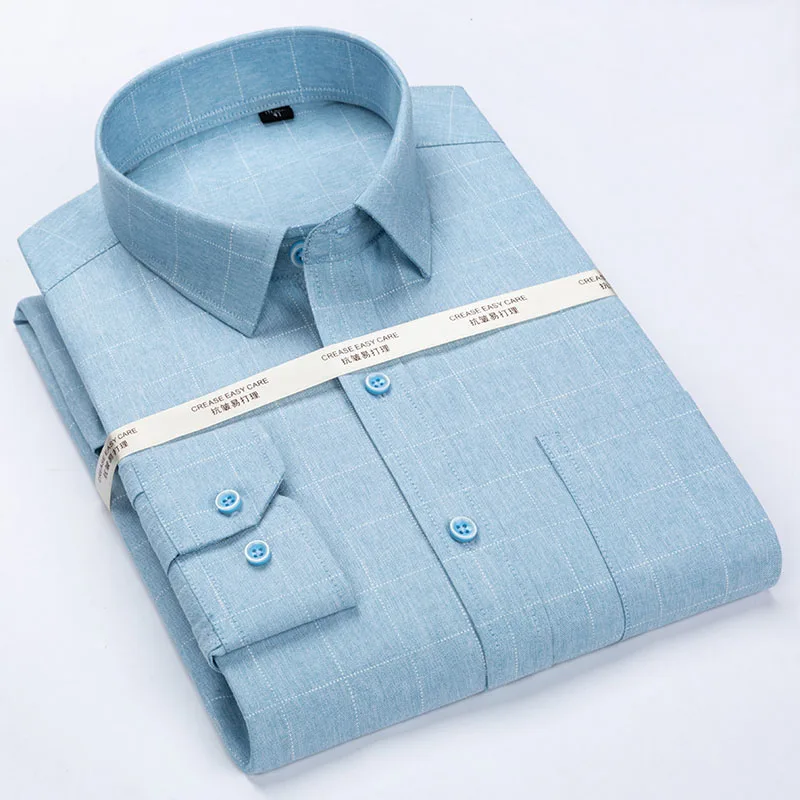 

Men's Classic Wrinkle-Resistant Long Sleeve Dress Shirt Patch Chest Pocket Formal Business Standard-fit Plaid Striped Shirts