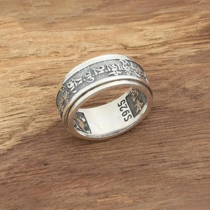 Настоящее 925 пробы серебряные винтажные кольца для мужчин вращающийся Тибетский шесть слов мантровые кольца Ом Мани Падме Хум буддийские ювелирные изделия