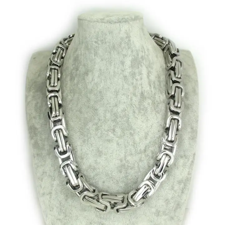 Hot Selling 16MM Hot Stunning Motorbiker Chain Necklace Heavy Stainless Steel Silver Byzantine Chain Box Necklace