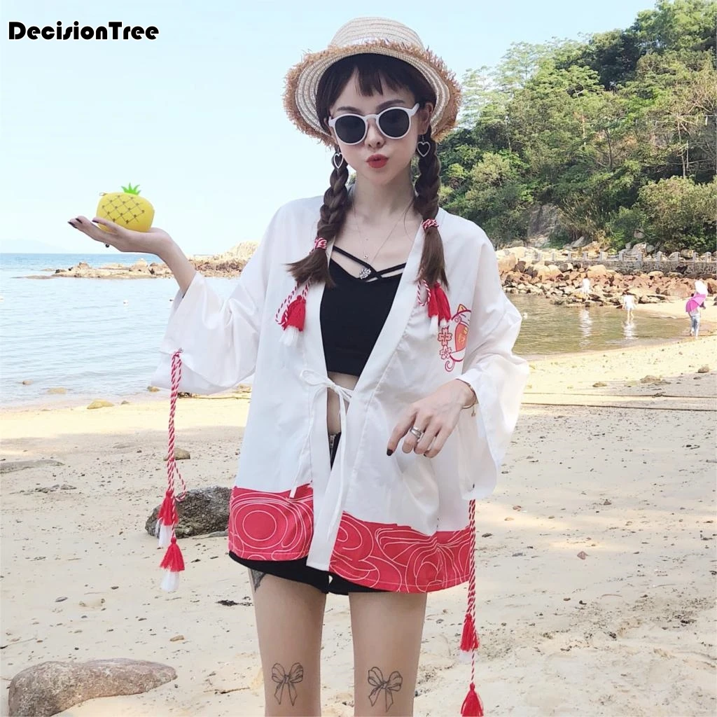2019 donne di estate casuale vintage kimono cardigan delle signore crochet di trasporto del giappone kimono preto allentato flora stampato camicetta top nero