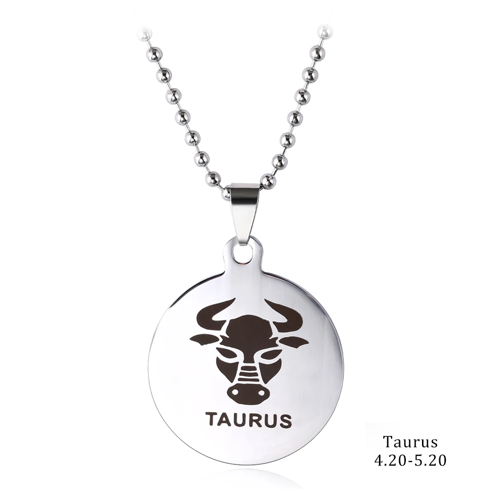 12 созвездий круглое ожерелье для мужчин/женщин подарки на день рождения серебряный цвет нержавеющая сталь амулет кулон знак зодиака ювелирные изделия - Окраска металла: taurus