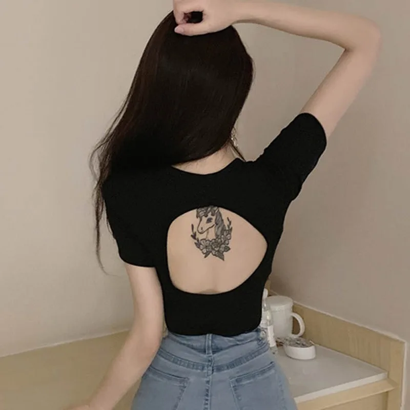 

X 2019 Sexy Chic Backless Short Sleeve T Shirt Summer Women Cotton Solid T-shirt Top Tees Slim Pullovers Tshirt Women harajuku