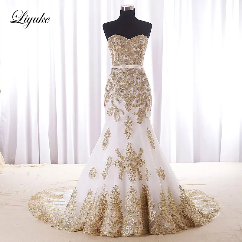 

Liyuke Vintage Appliques Strapless Mermaid Evening Dresses Off The Shoulder Floor-Length Prom Dress Customize made