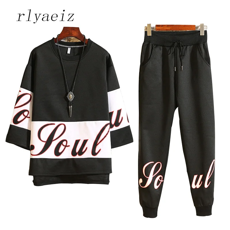 

Rlyaeiz Fashion Printed Sporting Suit Men 2018 Spring Summer Set Mens Tracksuit Loose Hoodies + Pants Male Casual Sweat Suit