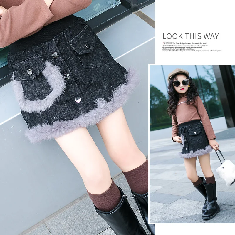 

2018 winter girls denim skirts 12 years old thick warm fashion children costume