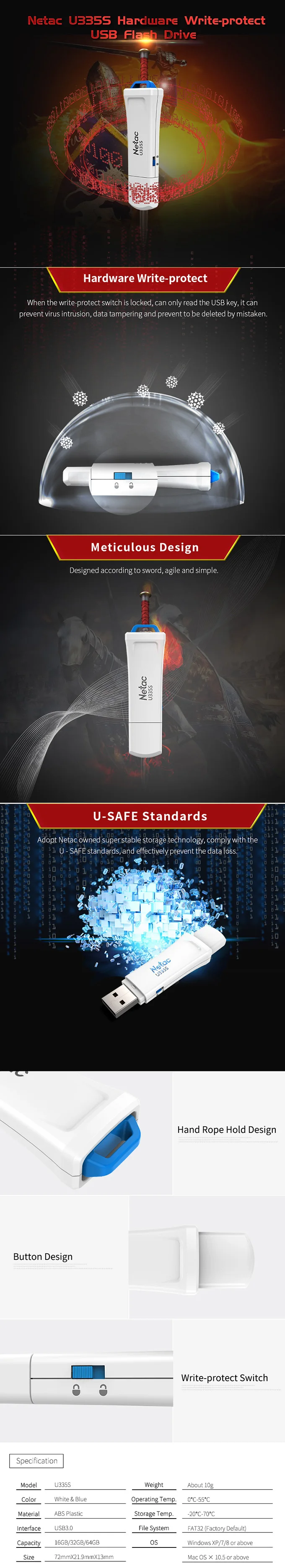 Netac U335S USB флешка флеш-накопитель 16 Гб защита от записи секретная ручка накопитель пластик memoria cle usb 3,0 палка защищенная Флешка animado