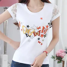 Camisetas Mujer Летняя женская футболка с кружевами и бриллиантами, женская футболка с принтом, женские футболки, женские топы, декорированные стразами белого цвета
