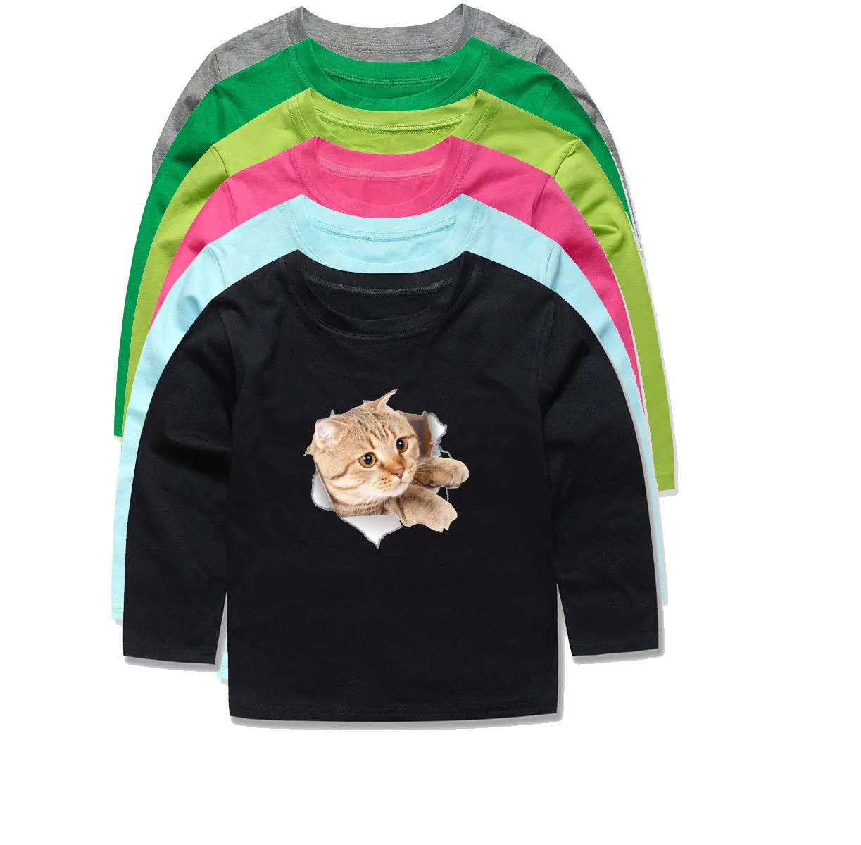 

Autumn kids T-shirt Long sleeve Fashion Design 3d Cat Loose Funny Girls Boys T Shirt Tees 2-14Y Children Tees