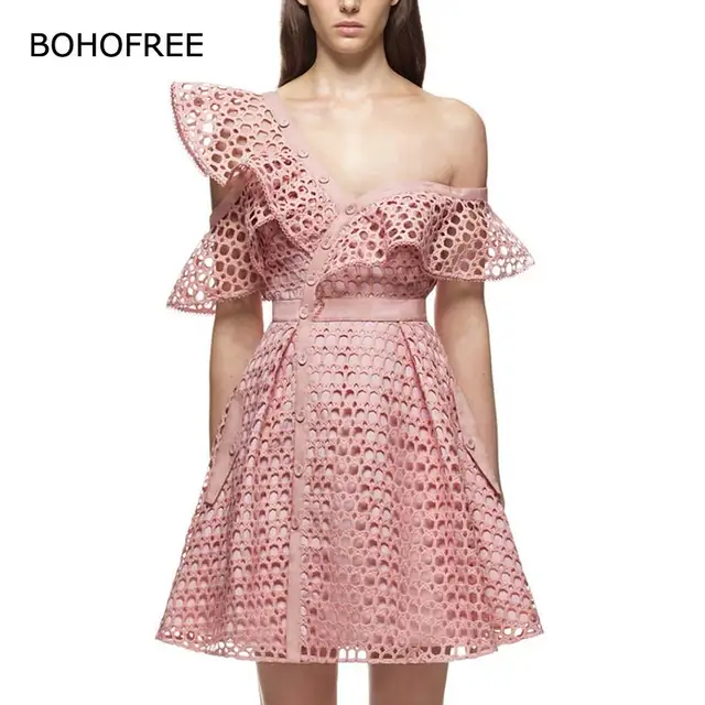 Bohofree 2018 Off Shoulder Lace Dress Ruffles Collar Hollow Out Pink Bohofree 2018 Off Shoulder Lace Dress Ruffles Collar Hollow Out Pink Black White Female Even