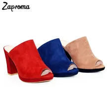 

Elegant Slip On Wedges Shoes Women Casual Chunky Heel Summer Red Blue Peep Toe Suede 2018 High Heels Mules Platform Sandals