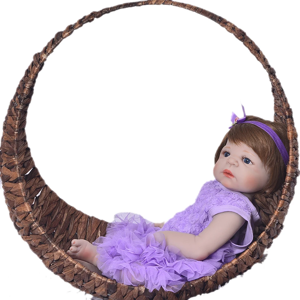 

23'' Simulation Reborn Baby Dolls For Girl Toy Full Silicone Vinyl Realista Boneca Reborn Alive Babies Wear Purple Rose Dress