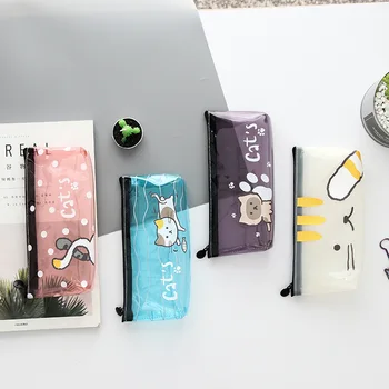

Korea Simple Small Fresh Pink Girl Cat Transparent Stationery Pencil Case Cartoon Small Animal Large Capacity Pencil Bag