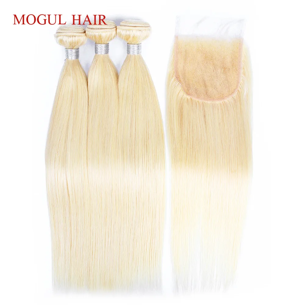 MOGUL волосы 613 Связки с закрытием Bleach Platinum Blonde 2/3 Связки 10-28 дюймов индийские прямые Реми натуральные волосы Weave Связки