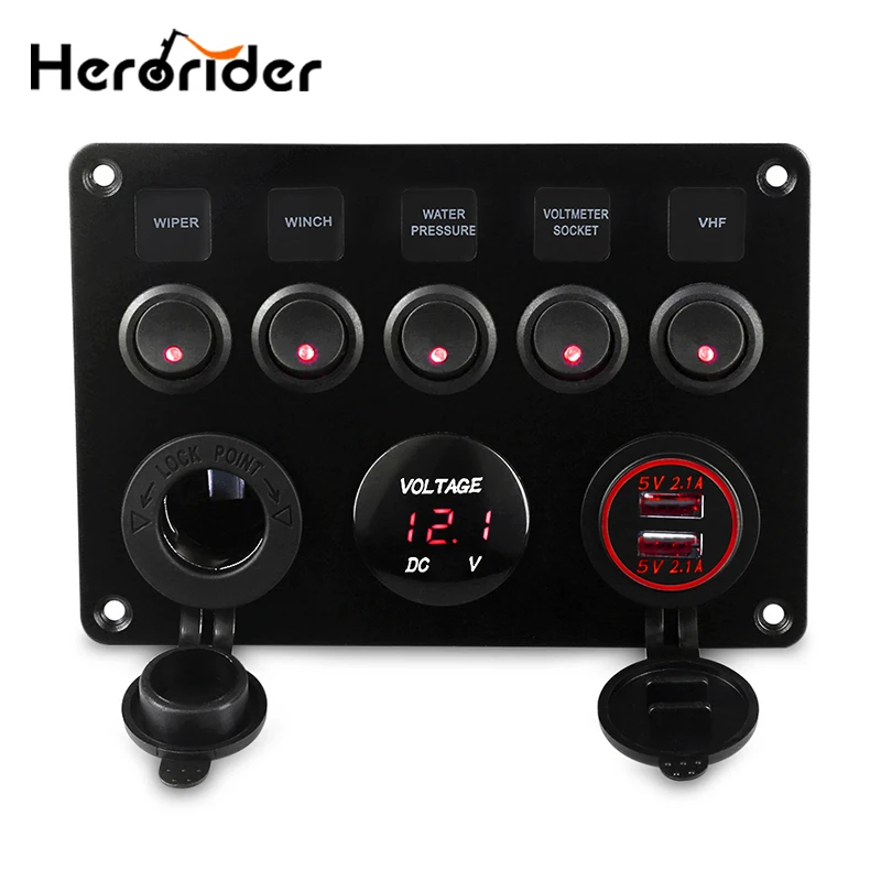 

Dual USB Socket Charger 2.1A 2.1A LED Voltmeter 12V Power Charger Cigarette 5 Gang Switch Panel for Car Boat Truck Camper