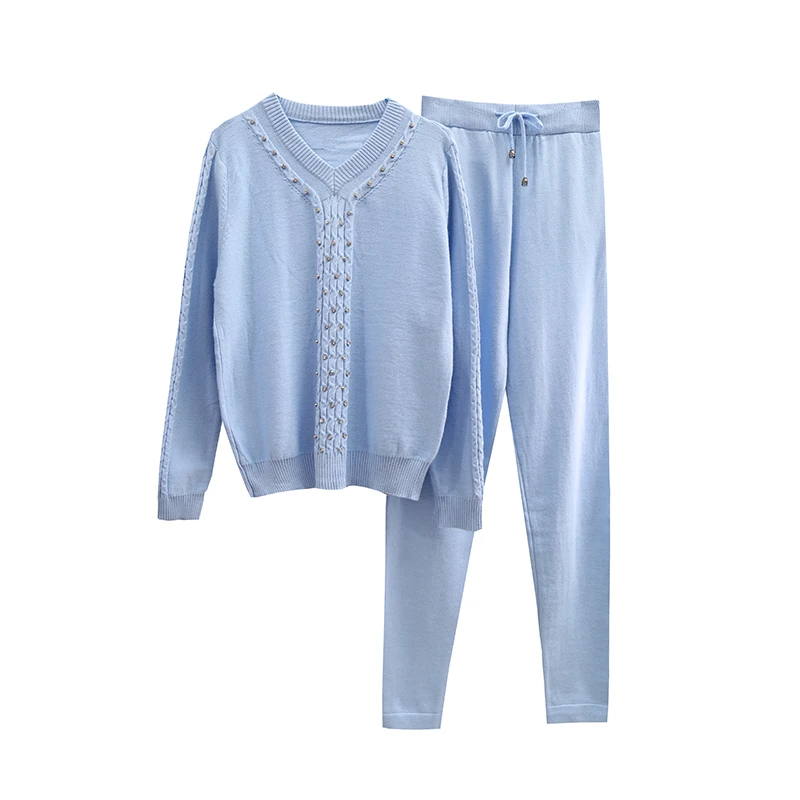 ALPHALMODA New Winter Women Knitted Diamond Sweater Pants Suit Tidy V-collar Twisted Crystal Jumper Trousers Tracksuits