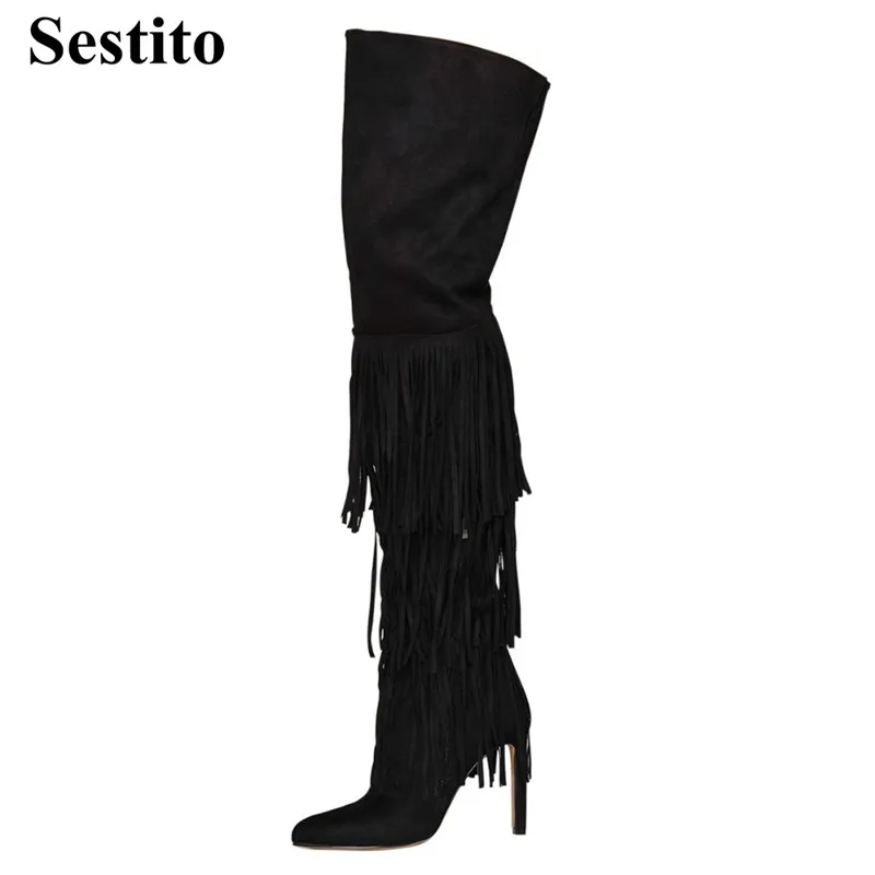 

Fashion Solid Fringe Long Over-the-Knee Women Boots Spring/ Autumn Flock Pointed Toe Super High Thin Heels Slip-on Women Shoes