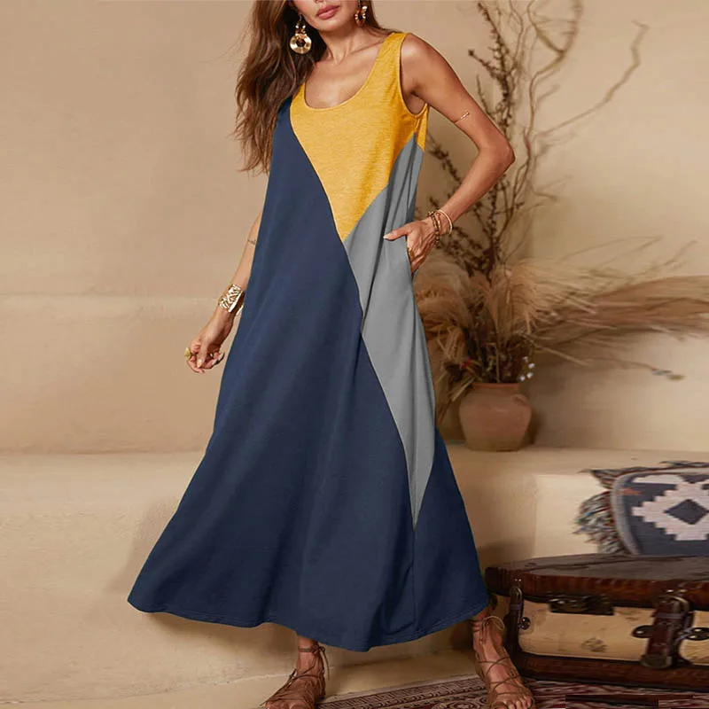 Lipswag 5XL, винтажное длинное платье с коротким рукавом, пэчворк, повседневное, свободное, размера плюс, Ретро стиль, макси платья, женское летнее пляжное платье с круглым вырезом - Color: Sleeveless Dark Blue
