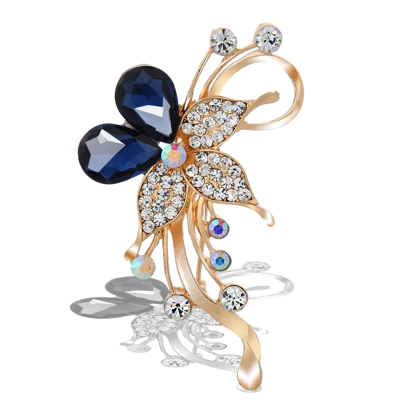 

New Classic Exquisite female Golden Bright Multicolor crystal Butterfly flowers brooches Pin women for wedding bouquets