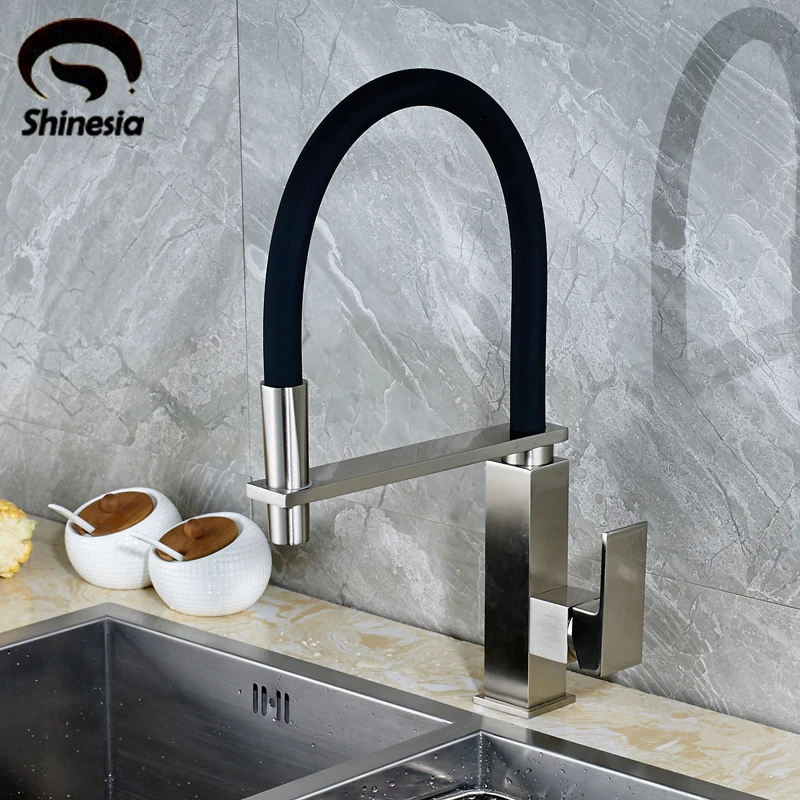

Wholesale and Retail Kitchen Sink Faucet Single Handle Pull Out Mixer Tap with Black Rubber Body Nickel Brushed
