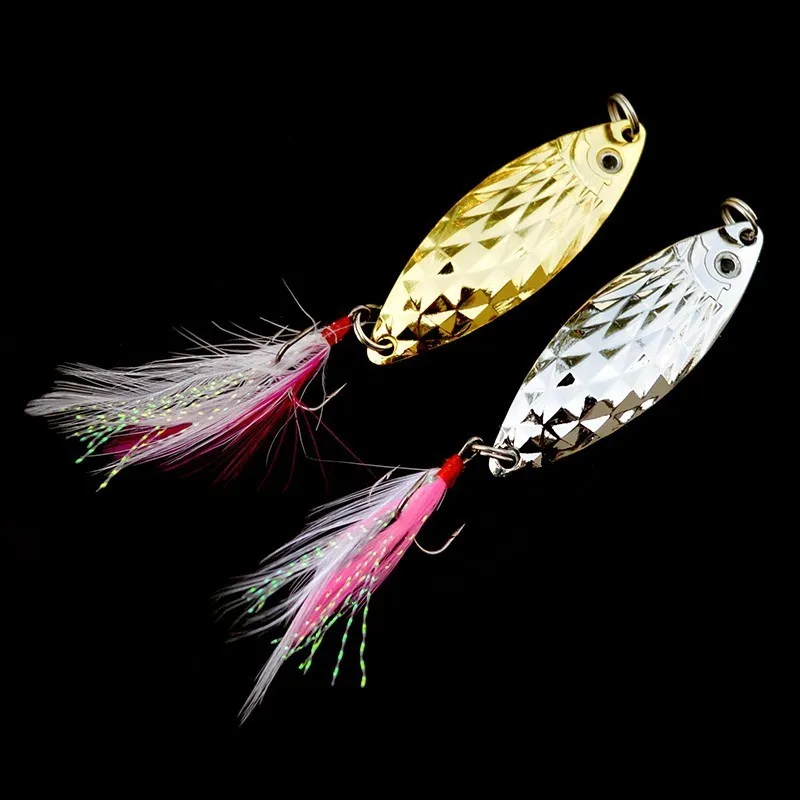 

Fishing Spoon Lures 1 Piece 3D Eyes Metal Flasher Feather Fish Scale Leech Fishing Spoon Salmon Trout Hard Lure 3g 5g 7g 10g