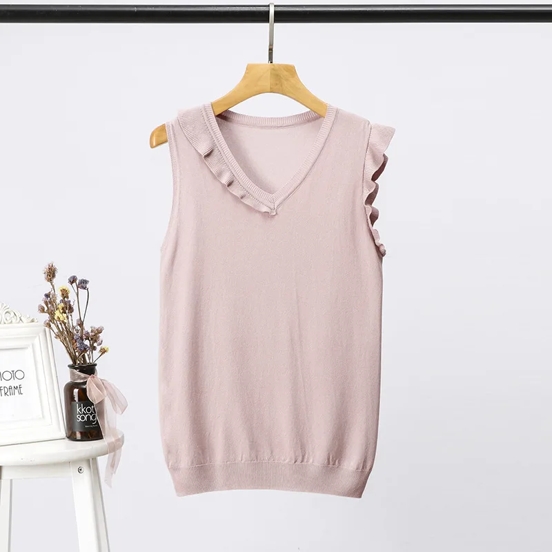 

SINGRAIN Summer Korean Ruffled Ice Silk Vest Women Knit Solid V Neck basic Top Sleeveless Knitted T Shirt Female Sexy Tank Tops