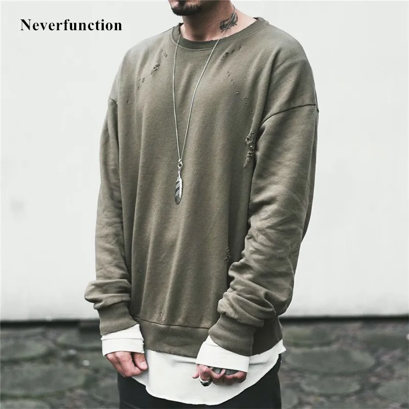 

High Quality 2019 Autumn Oversized Wash Hole Ripped Sweatshirt Hooides men Streetwear Kanye WEST Hip hop Casual pullover
