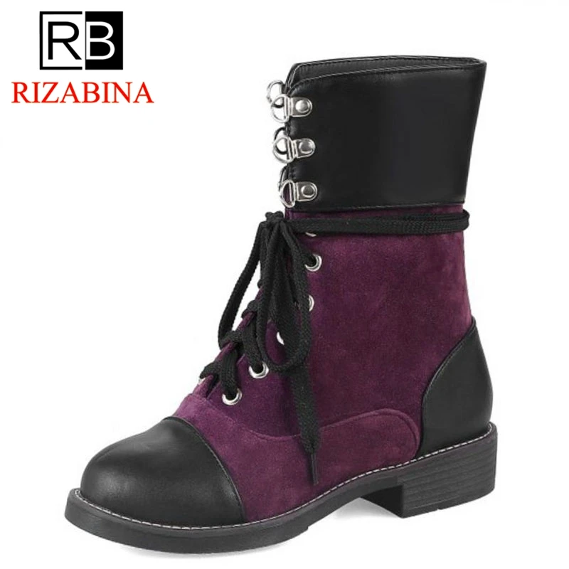 

RizaBina Size 34-43 Women Flats Boots Lace Up Round Toe Mixed Color Rivets Mid Calf Women Shoes Fashion Vintage Shoes Women Foot