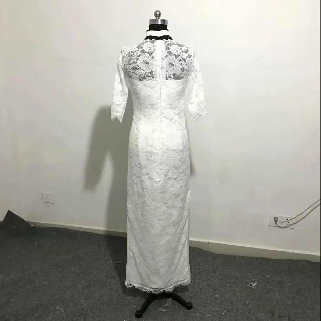 Ретро подружкам невесты Высокий воротник половина рукава до щиколотки китайский cheongsam кружево платье знаменитости