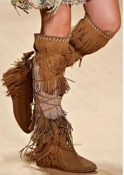

High Quality 2018 Fashion Tassel Embellished Woman Knee High Boots Round Toe Flat Casual Shoes Woman Slip-on Boots Girls Shoes