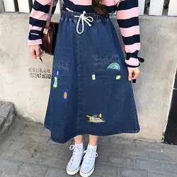 2018 Новый Высокая Талия джинсовые Вышивка Для женщин Юбки для женщин MIDI мода элегантный дизайн художественный Винтаж юбка Для женщин s