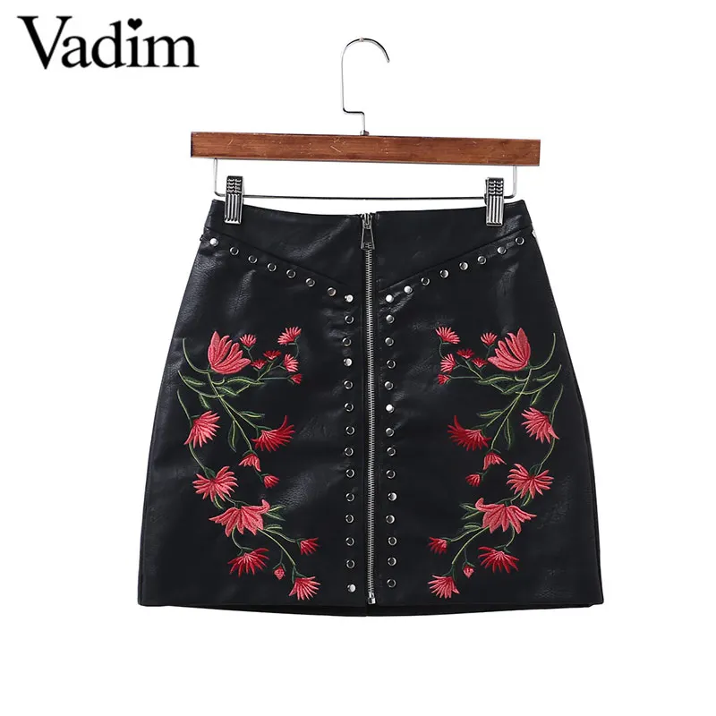 vadim Women flower embroidery zipper black mini skirts