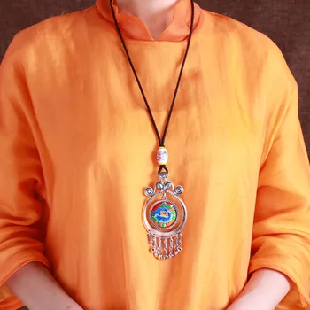 

The original folk style of Miao embroidery Pendant Necklace female hollow bell tassel sweater chain Vintage Jewelry Pendant