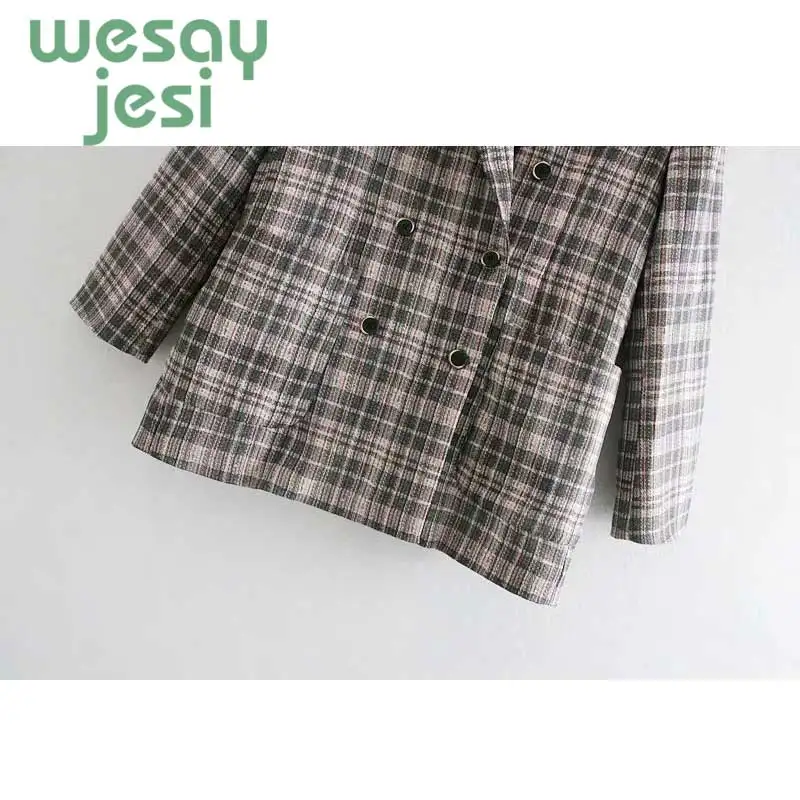 Women Blazer Pockets Jackets Female 2019 new Retro Suits Coat plaid Vintage  Blazer Loose Coat Streetwear
