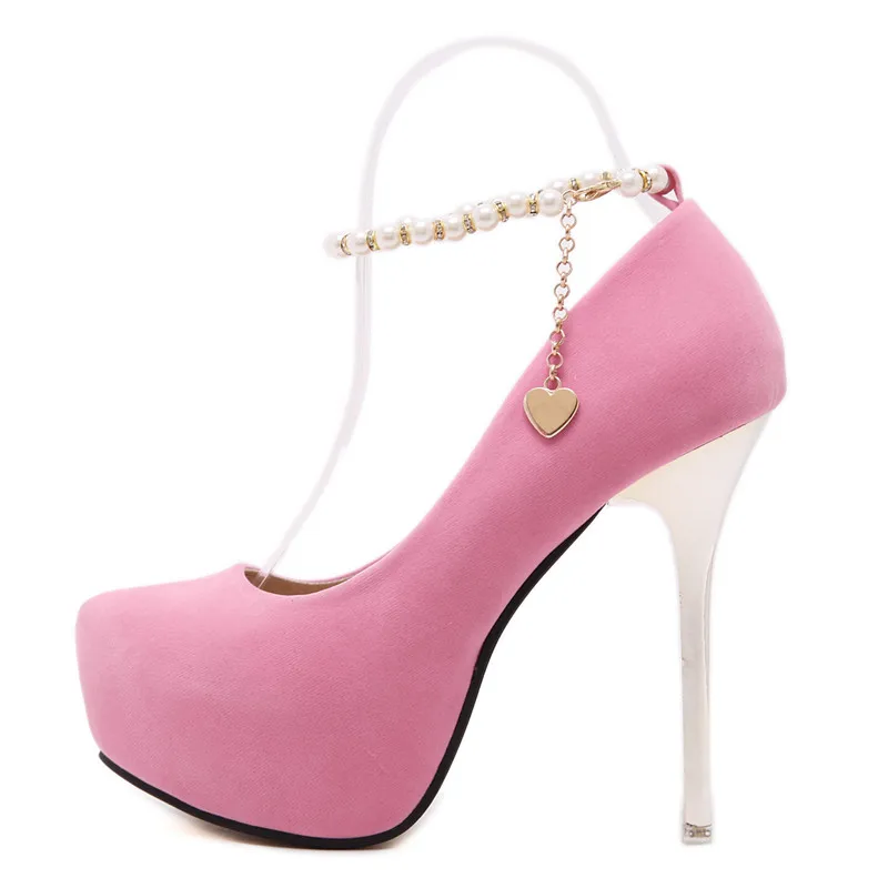 Женские летние босоножки на очень высоком каблуке 12,5 см туфли-лодочки на шпильке с жемчужной пряжкой с миндалевидным носком; цвет черный, розовый; туфли на высоком каблуке в Корейском стиле - Цвет: Розовый