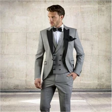 Grey Men Suit Slim Fit Jacket With Black Tuxedo Custom Made Blazer Wedding Groom Suits 2018 Wedding Groom (Blazer+Pants+Vest)