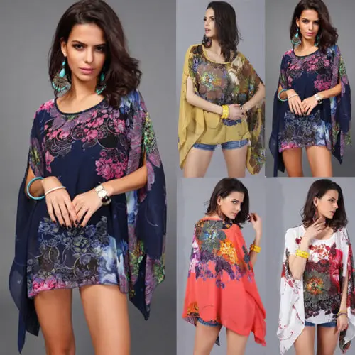 

Summer Women Sexy Batwing Sleeve Loose Chiffon Floral Print T-shirt Blouse Tops