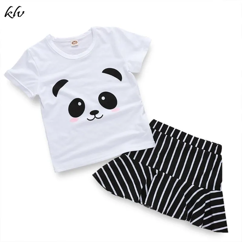 

2PCS Kids Summer Baby Girls Clothes Sets Cute Cartoon Panda Tops T-shirt+Striped Skirt Outfits Suit Sets