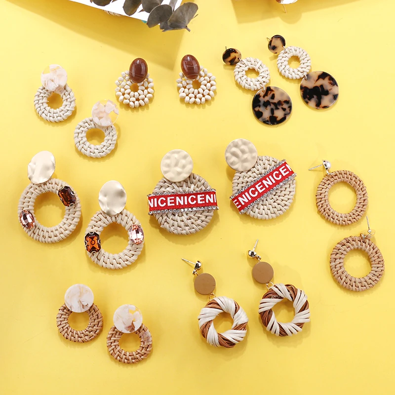 

AENSOA New Arrival Korea Handmade Bamboo Braid Pendent Drop Earrings Multiple 2019 Fashion Rattan Weave Long Earrings For Womne