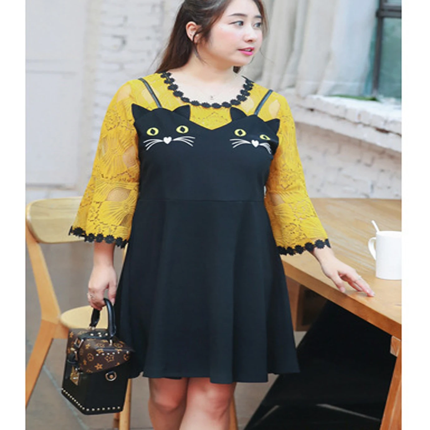 

Plus Size 4XL Knit Lace Crochet Stitch Embroidery Cat Kawaii Ear Flare Sleeve Ladies Elegant Fake Two Pieces Dress Big Vestidos