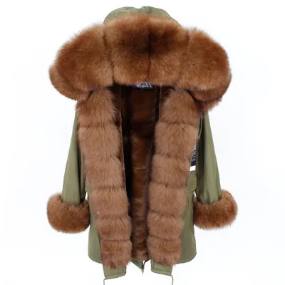Европейские новые женские зимние высокие модные роскошные лисий мех с капюшоном манжеты армейский зеленый Длинные куртки парки женские с широкой талией флисовые пальто - Цвет: C7