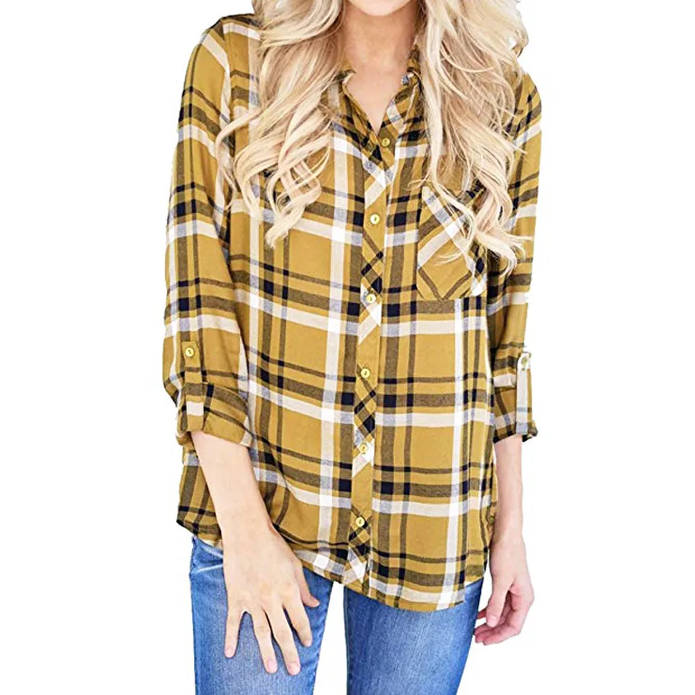 

Womens Tops and Blouses 2018 Harajuku Streetwear Plaid Print Button Long Sleeve Shirts Tunic Ladies Top Woman Clothes