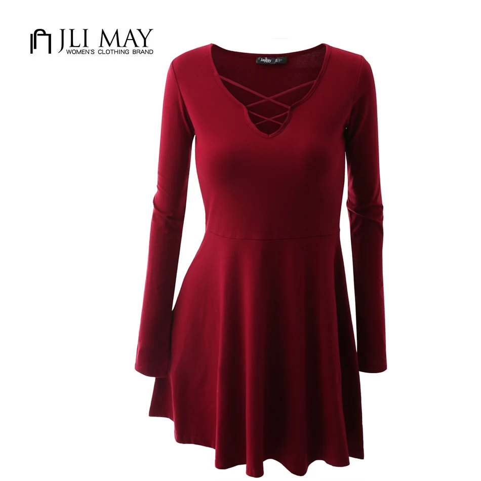 JLI MAY Silm knitted dress Autumn pink Party black V Neck Solid long Sleeve knitting Cotton
