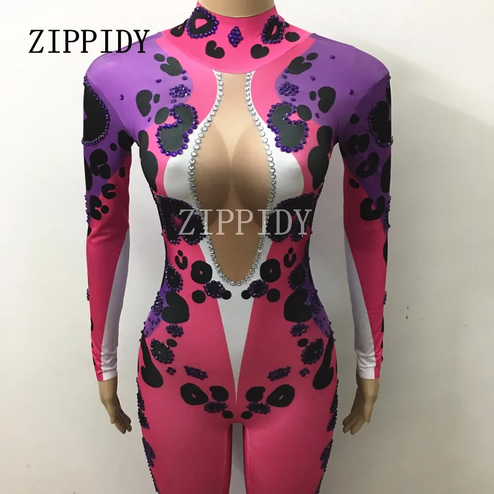Женский леопардовый комбинезон с длинным рукавом и стразами|dancer wear|women singerrhinestone
