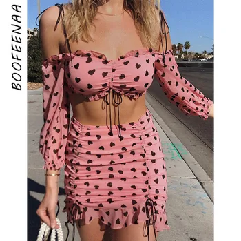 

BOOFEENAA Sexy Two Piece Set Summer Ruched Ruffles Off Shoulder Crop Top Skirt Matching Sets Party Festival Clothing C83-AG14