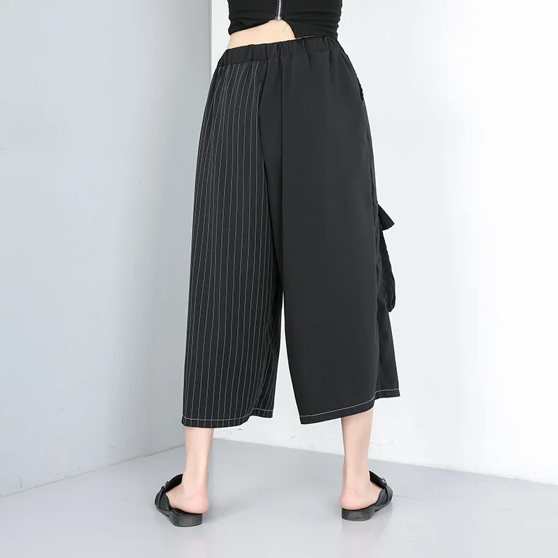 Women Streetwear Fashion Loose Casual Striped Spliced Wide Leg Pants Female Elastic Waist Punk Gothic Haren Straight Trousers Women Streetwear Fashion Loose Casual Striped Spliced Wide Leg Pants Female Elastic Waist Punk Gothic Haren Straight Trousers
