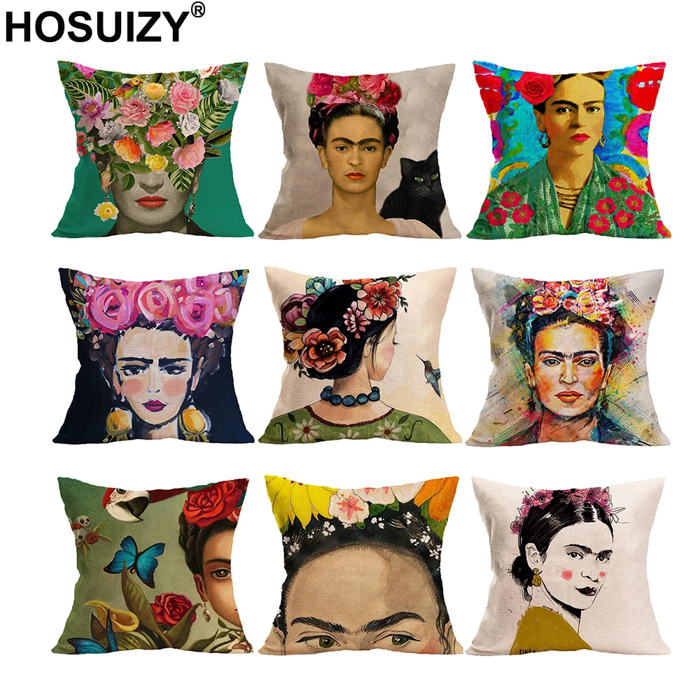 

Mexican Painter Linen Cushion Cover 45X45cm Self Portrait Painting Shabby Chic Home Decoration Couch Square Throw Pillow Covers