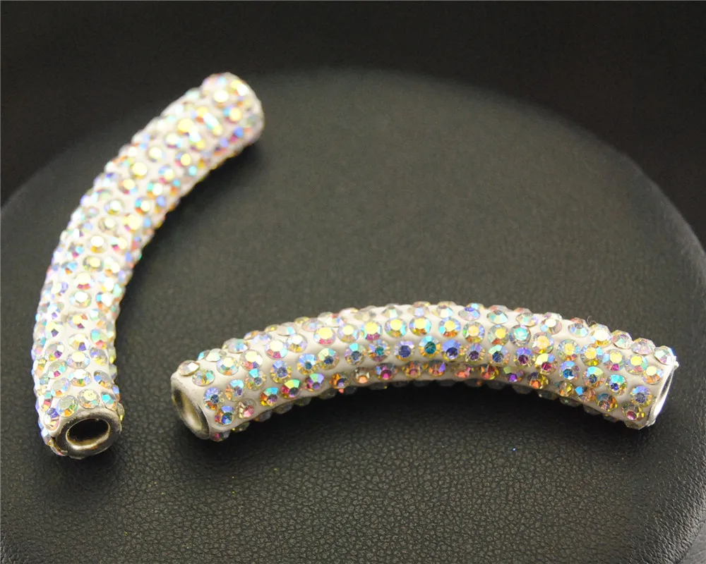 

1pc Colorful Silver Micro Pave Crystal Rhinestone Sideway Tube Bracelet Connector 42x10mm Curve Pave Bar Jet Jewelry Space