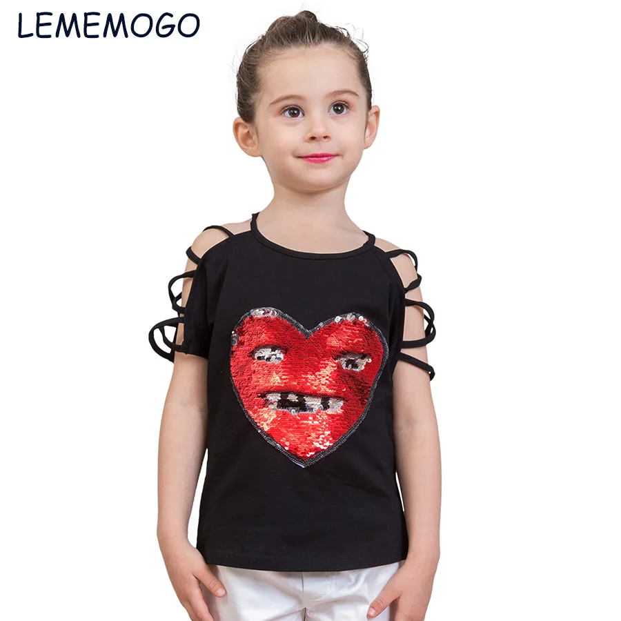 

lemogo 2-8Y Fashion Girls Sequins T-shirts Tops Discoloration Cotton Summer 2018 Girl Short Sleeves Tshirt Kids Children Clothes