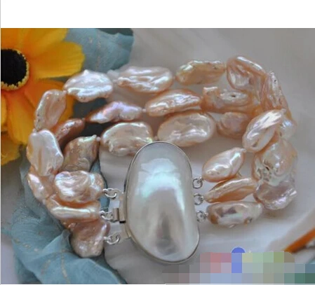 

p3498 3row 8" 20mm pink baroque keshi reborn pearl bracelet mabe clasp @^Noble style Natural Fine jewe SHIPPING new >>free shipp