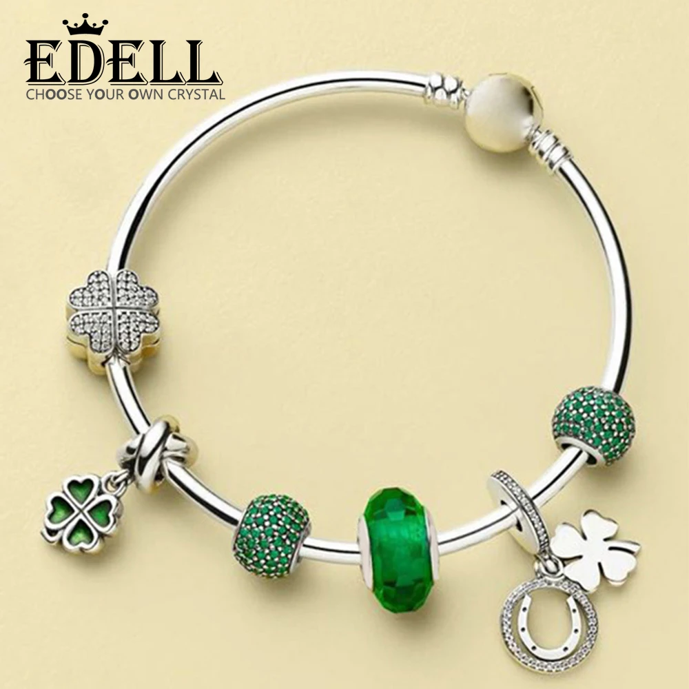 

EDELL 100% 925 Sterling Silver 1:1 Green Pave Ball Charm PETALS OF LOVE CLIP GOOD LUCK HANGING CHARM Four-leaf Clover Bangle Set